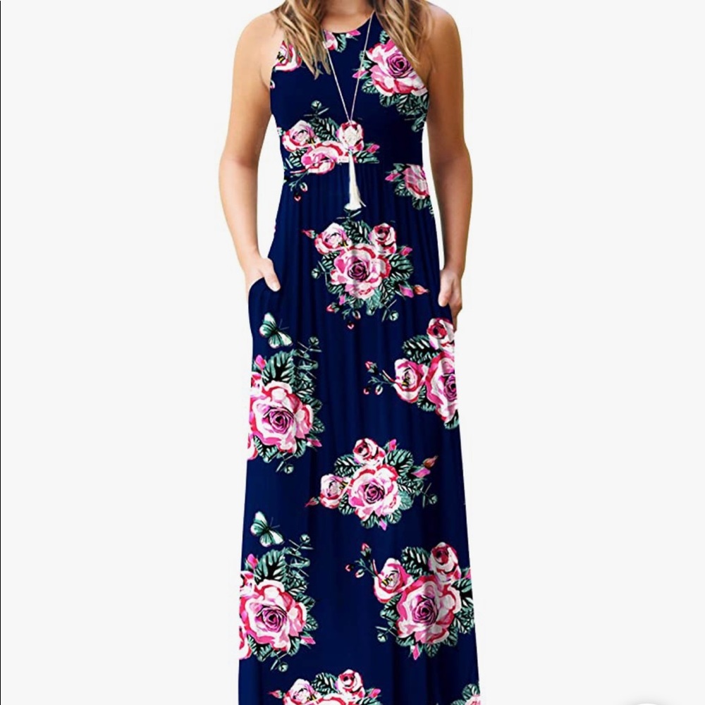 GRECERELLE Women's Navy Floral Summer Sleeveless Racerback Knit Maxi Dress